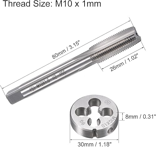 Miniatura 2 de uxcell M10 x 0.039 in Juego de llaves métricas y troqueles, rosca de máquina con troquel de roscado redondo, kit de grifo y troquelado para