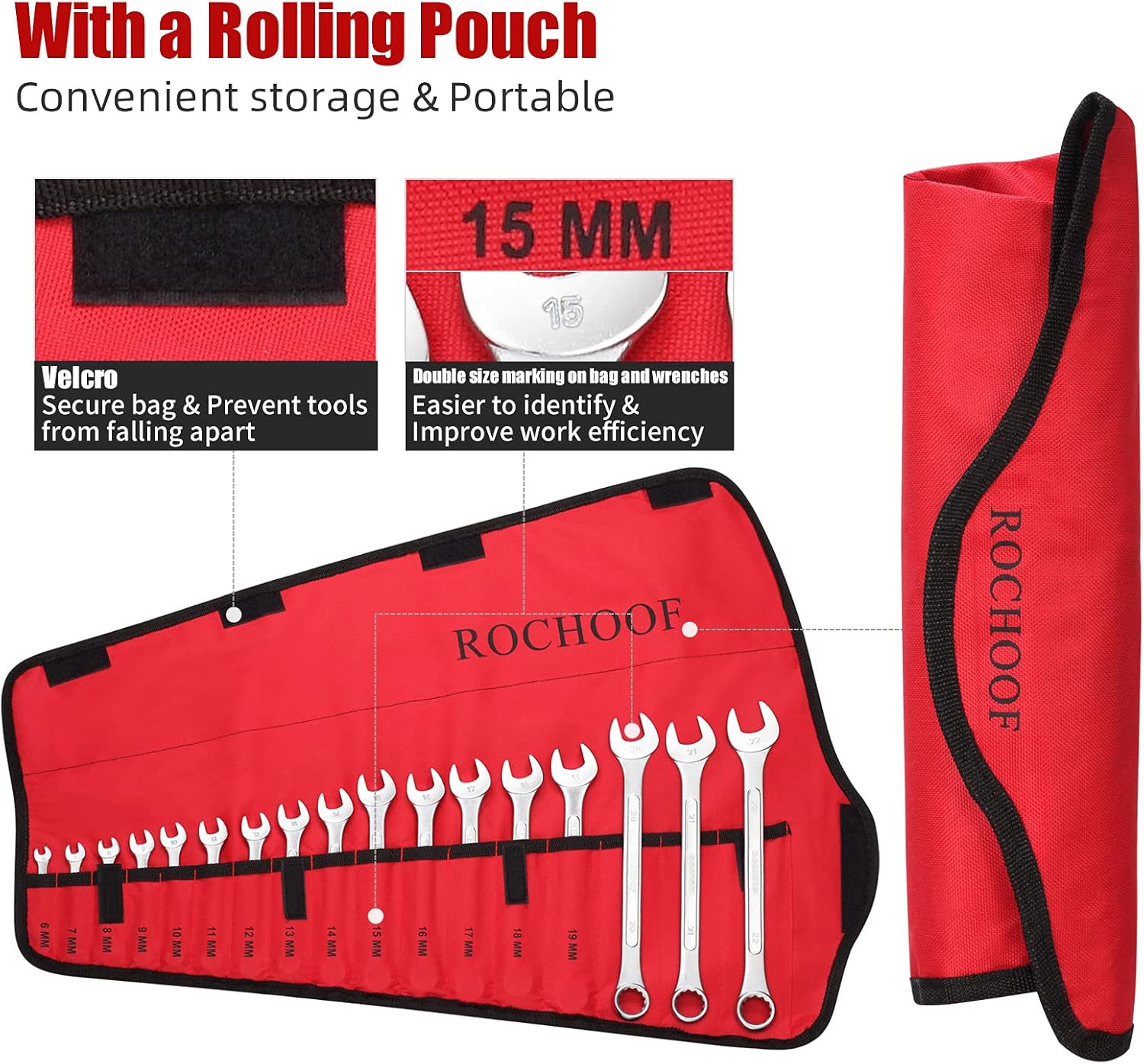 Combination Wrench Set,33-Piece Chrome Vanadium Steel Wrench Set 12-Point SAE & Metric Wrenches 1/4"-1" and 6-22mm with Rolling Pouch