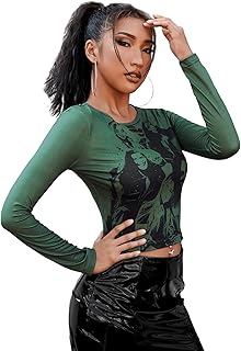 Floerns Women's Graphic Print Long Sleeve Fitted Tee Shirt Crop Tops