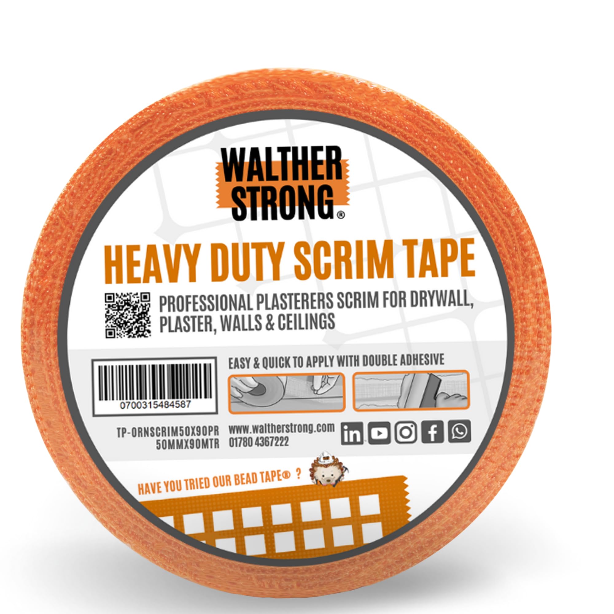 Walther Strong 100mm x 90m Scrim Tape. High Strength Mesh Tape. Self-Adhesive Plasterboard Tape for Filling Cracks, Patching Holes and Reinforcing Joint Repair. HD Orange Plaster Tape