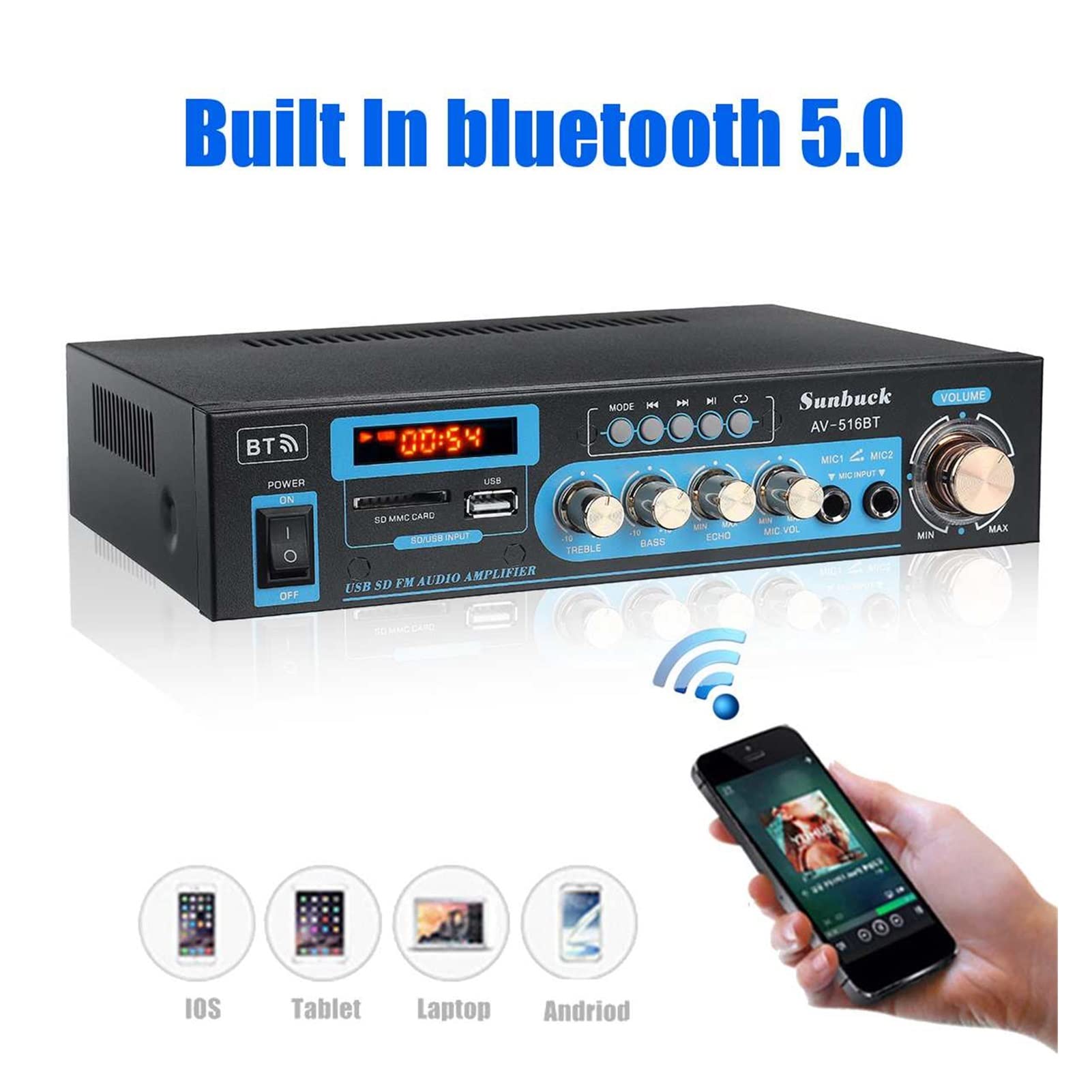 Amplificatore Audio, Amplificatori auto 2ch 2000w. Amplificatore di potenza audio. DC12V. Con il supporto del telecomando FM USB SD. Carta Bluetooth.