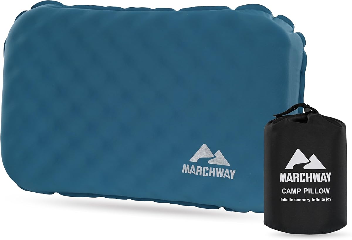 Almohada inflable para acampar con parte superior de espuma suave y vejiga de aire de TPU, soporte de doble cara para todas las estaciones, almohada de viaje ligera y compacta para senderismo, mochilero, avión, coche (azul)