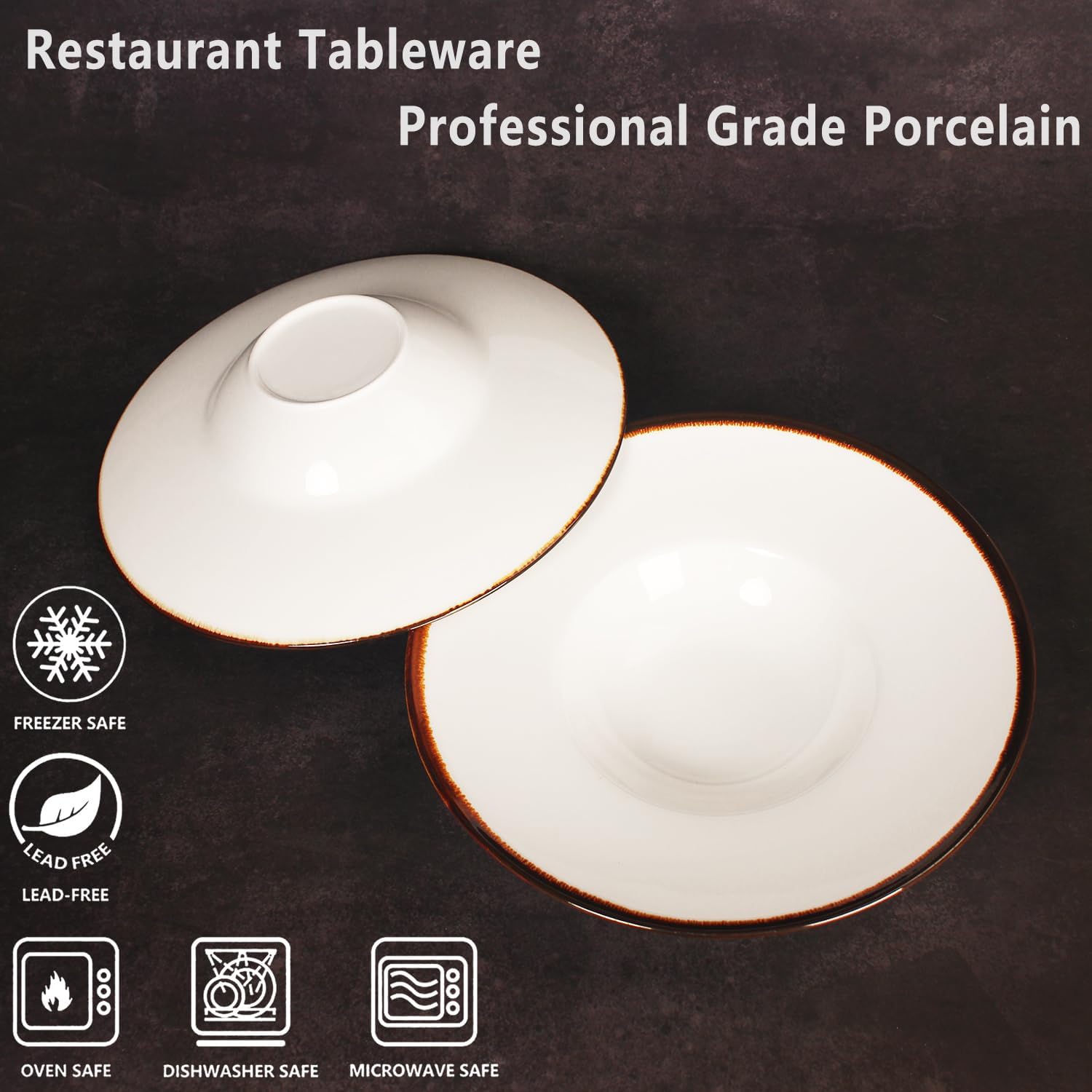Soup Bowls soup Plate 7 oz Pasta Plate, Set of 4 White Shallow Bowl Plates,Porcelain Rimmed Bowls with Rim, Microwave ovens and refrigerators safe 10.5 Inch