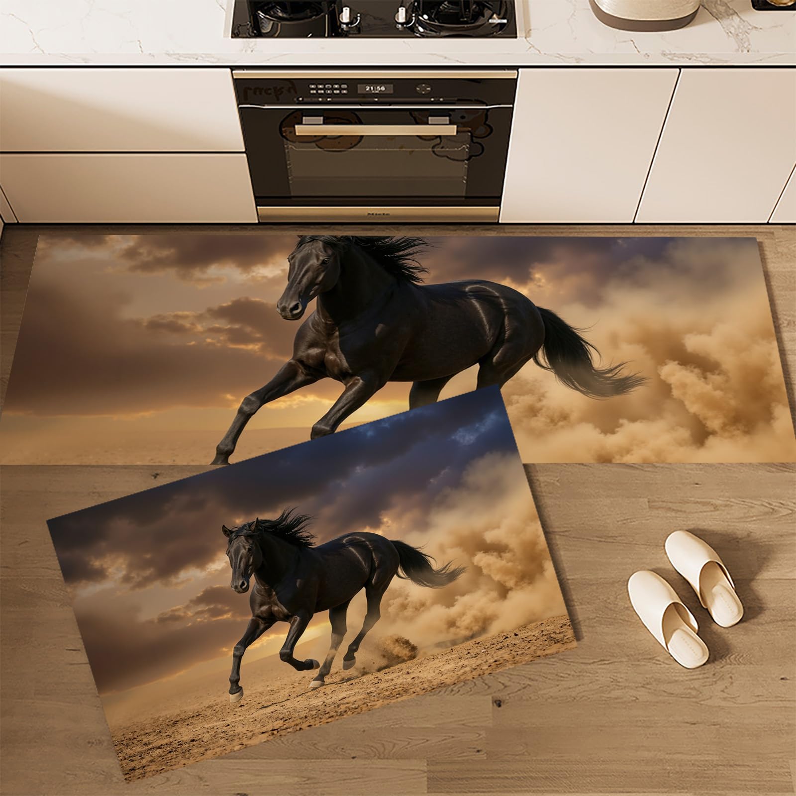 Tapis de cuisine antidérapant lot de 2 lavable motif chevaux noirs 44x120cm pour sol de maison
