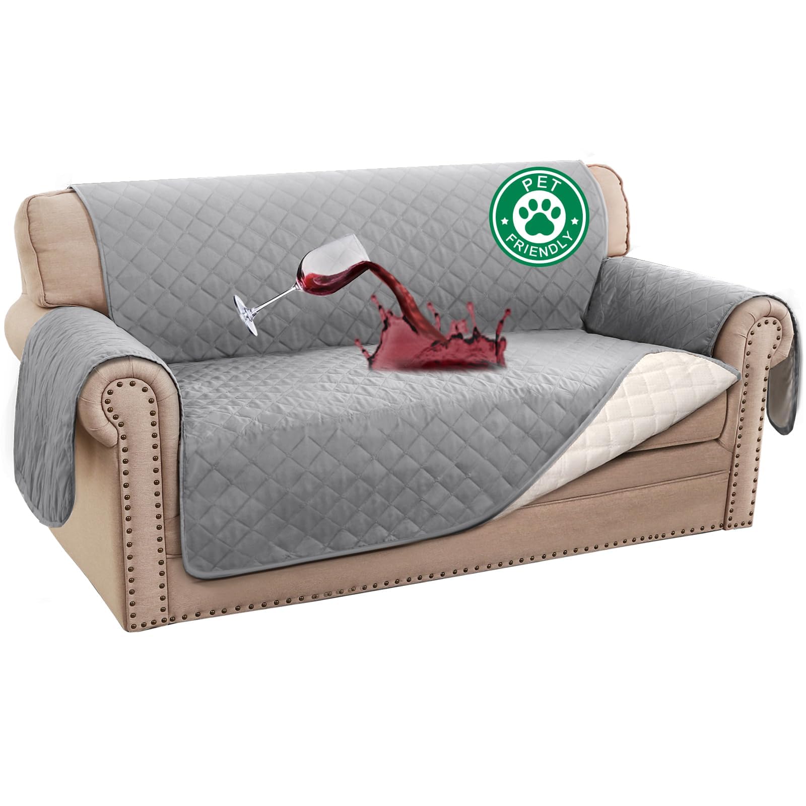 BellaHills Sofa Cover 100% Waterproof Sofa Covers 2 seater Couch Covers Sofa Slipcovers with Elastic Straps Triple Non-Slip Loveseat Sofa Cover Furniture Protector for Kids (Loveseat 47", Light Grey)