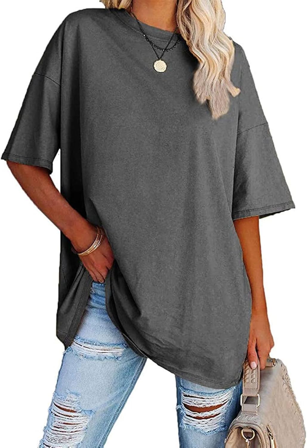 luwita Oversized T Shirts for Women Loose Fit Crewneck Short Sleeve Tops Summer Casual Blouse Y2K 2025 Basic Tees Dark Gray X-Large - Image 1 of 4