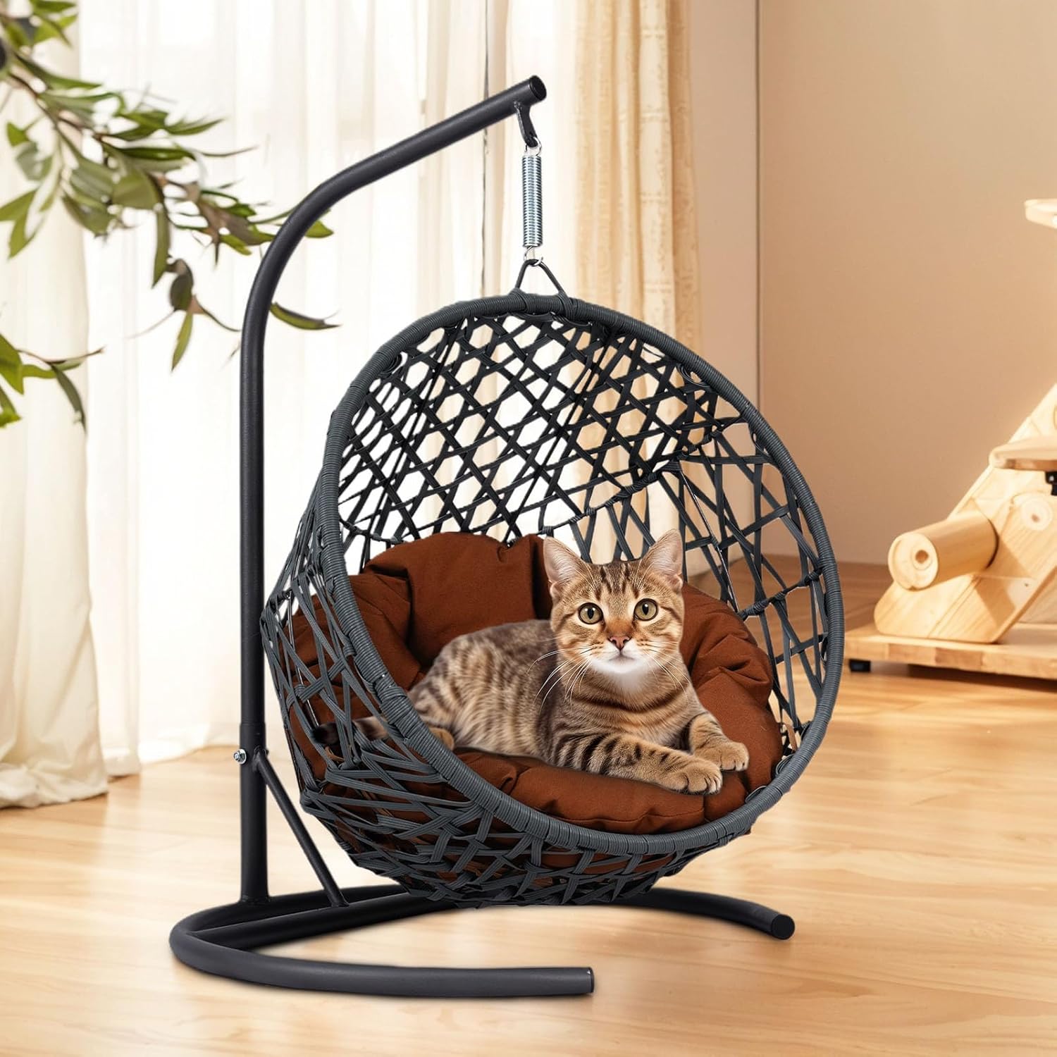 Brown Cat Swing Bed with Stand & Cushion, Rattan Wicker Egg Chair. Hammock for Cats/Small Dogs. Sturdy Metal Stand, Detachable Washable Cushion. Spacious, Breathable