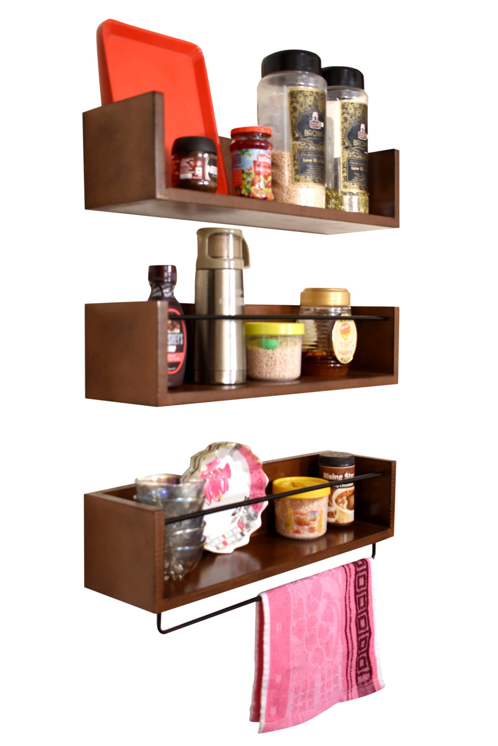 Dime Store Wall Mount Engineered Wood Floating Wall Shelves Kitchen Rack Shelf with Towel Holder
