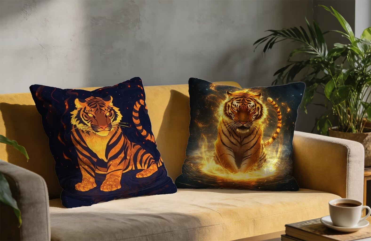 Poszewka na poduszkę 70 x 70 cm zestaw 2 żółtych poszewek na poduszkę 70 x 70 cm duża lniana poszewka na poduszkę tygrys na wiosnę lato sofa krzesło sypialnia taras dekoracyjne, prezenty A-28651L