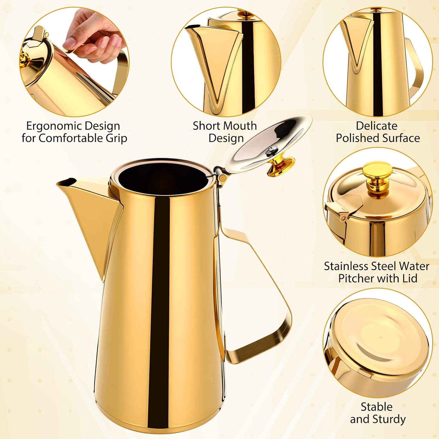 Honeydak 3 Pcs Stainless Steel Pitcher 2 L/ 67 oz Stainless Steel Kettle with Lid Metal Cold Water Pitcher Large Capacity Tea Kettle Jug Beverage Dispenser with Handle for Home Restaurant Office(Gold)