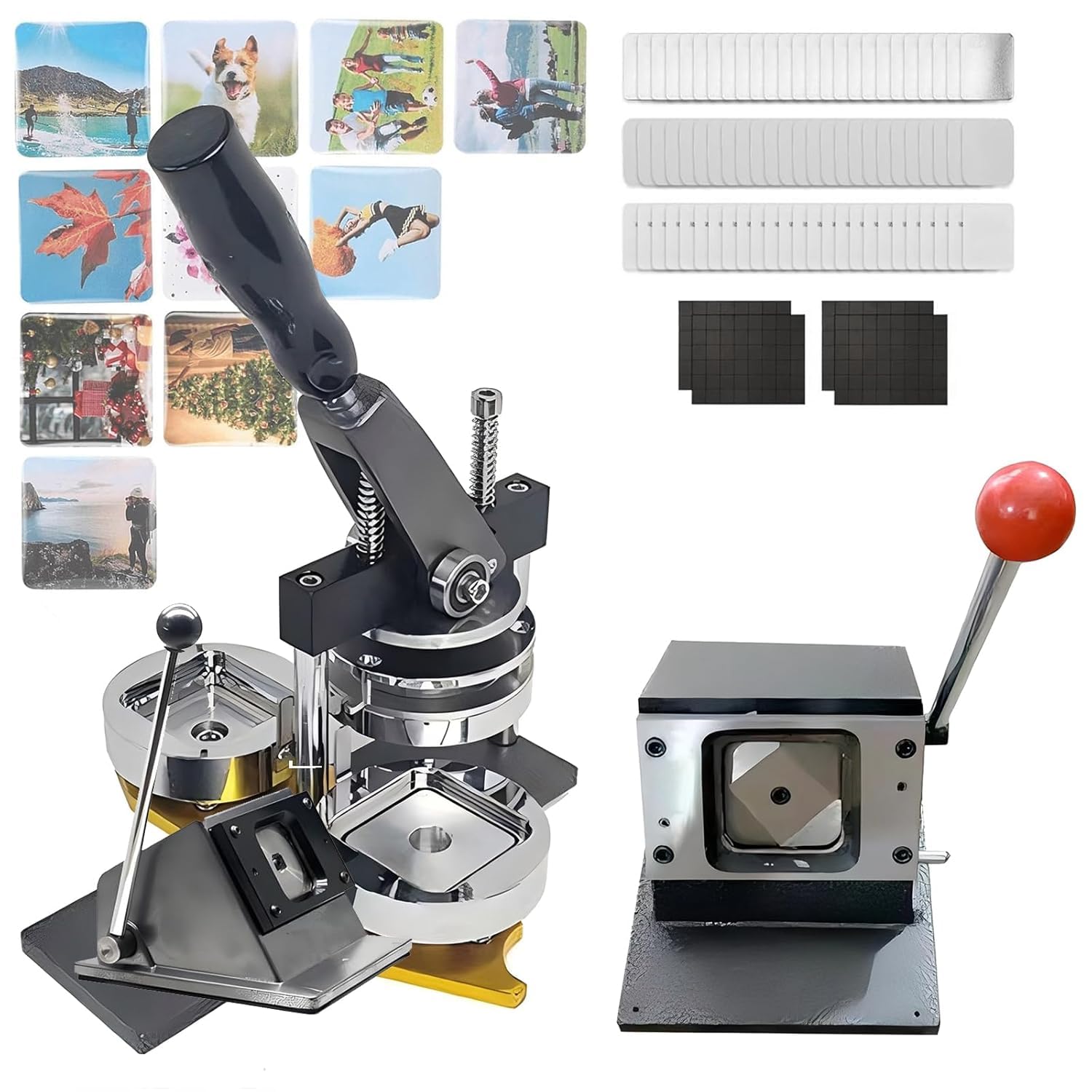 Magnes Maker Maszyna do robienia magnesów fotograficznych, DIY Magnesy na lodówkę Maszyna do robienia pinów, ze 100 zestawami materiałów eksploatacyjnych + maszyna do cięcia papieru, maszyna do
