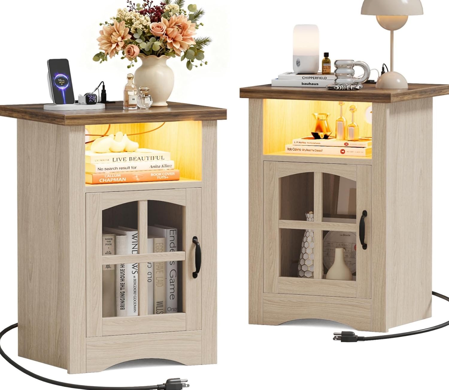 JUMMICO End Table with Charging Station and LED Open Shelf & Glass Door Cabinet, Farmhouse Nightstand with 20W Fast Charge, Side Table for Living Room (2,Light Oak & Brown)