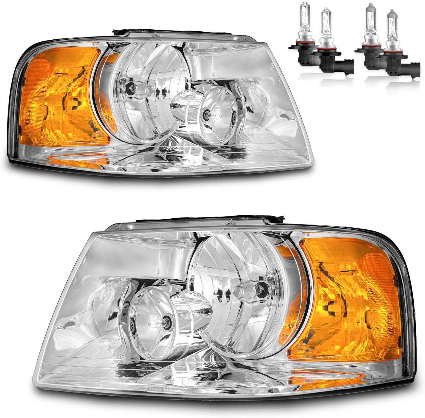 Headlights Assembly for 2003-2006 Ford Expedition Headlamp Replacement Chrome Housing Amber Reflector Driver & Passenger Side