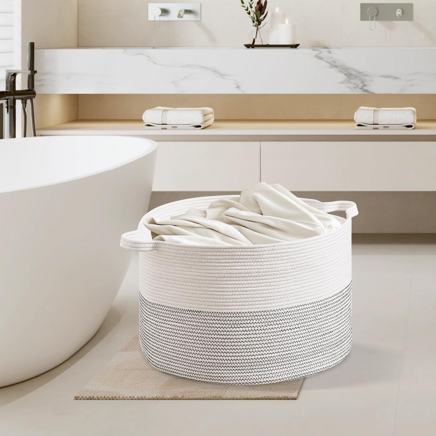 CLHMILY&Z Large Woven Storage Basket - 22x14.2 Inches - Modern Nursery Bin, Round Baby Toy Organizer, Soft Cotton Hamper for Home Decor, Multi-Purpose Home Tidy Solution