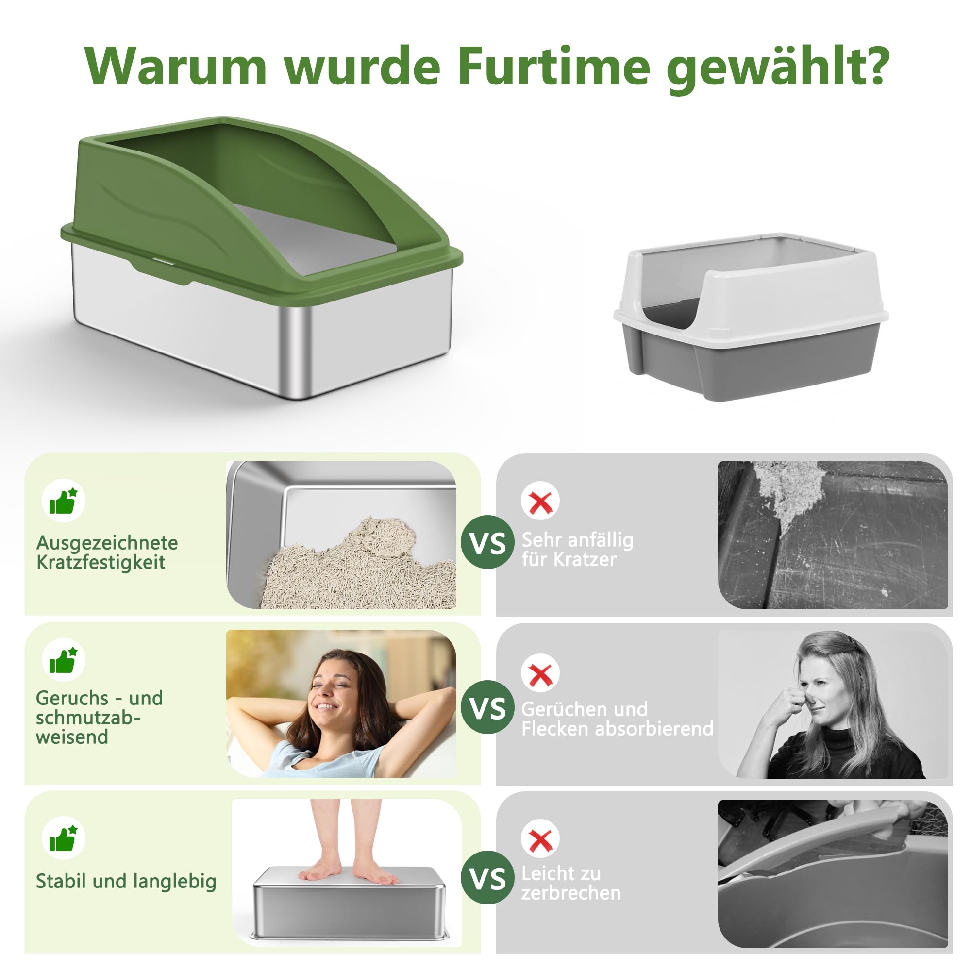 FURTIME - Lettiera per gatti in acciaio inox XXL, 28 L, grande capacità, a prova di fuoriuscite, con paletta per gatti in metallo, 60 x 40 x 31 cm (verde)