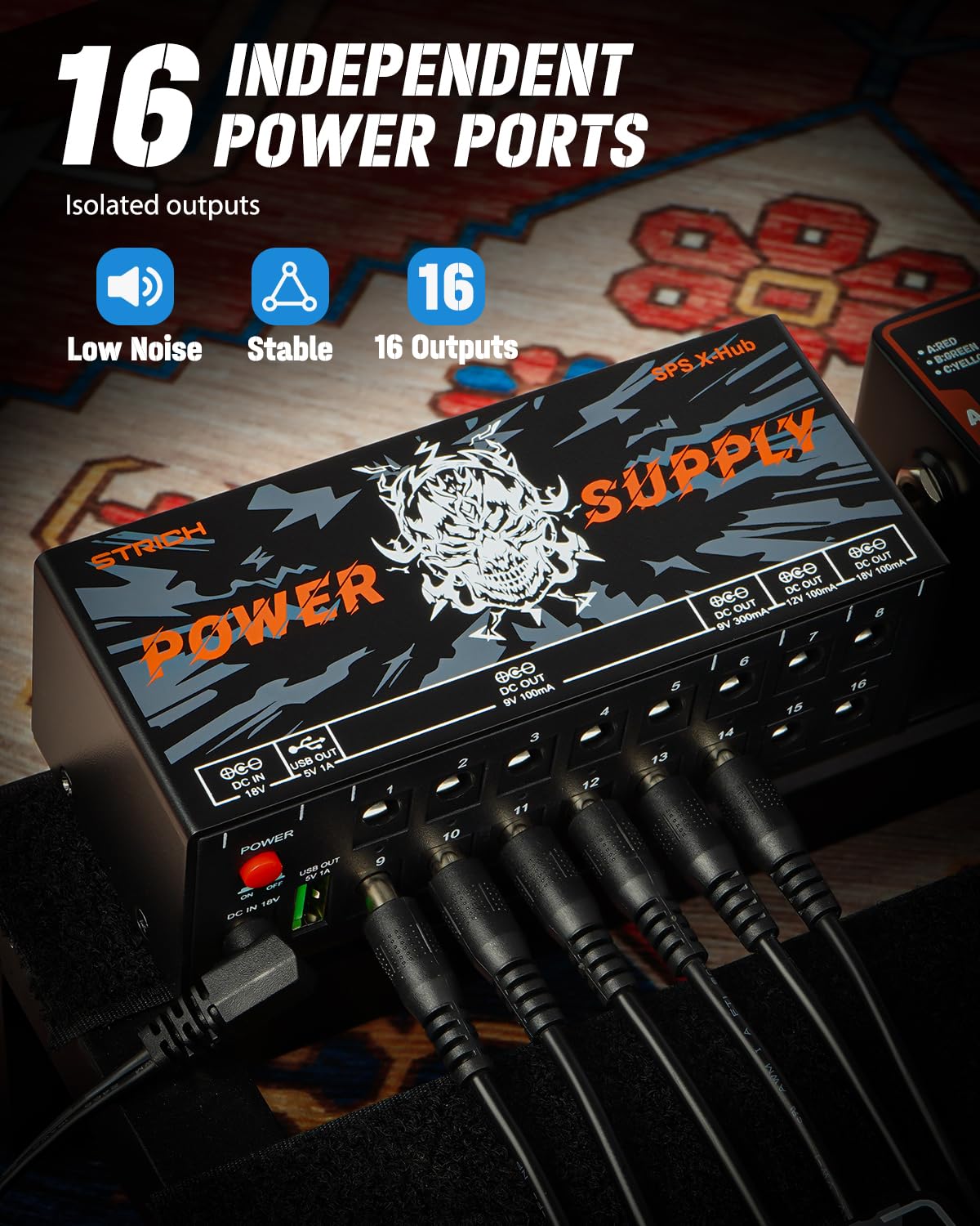 STRICH SPS X-Hub Guitar Pedal Power Supply for 9V/12V/18V, 100mA - 300mA Effects Pedals, 16 Isolated Outputs, Short-Circuit Protection and noiseless, 5V 1A USB Port Supports Mobile Devices, Tablets