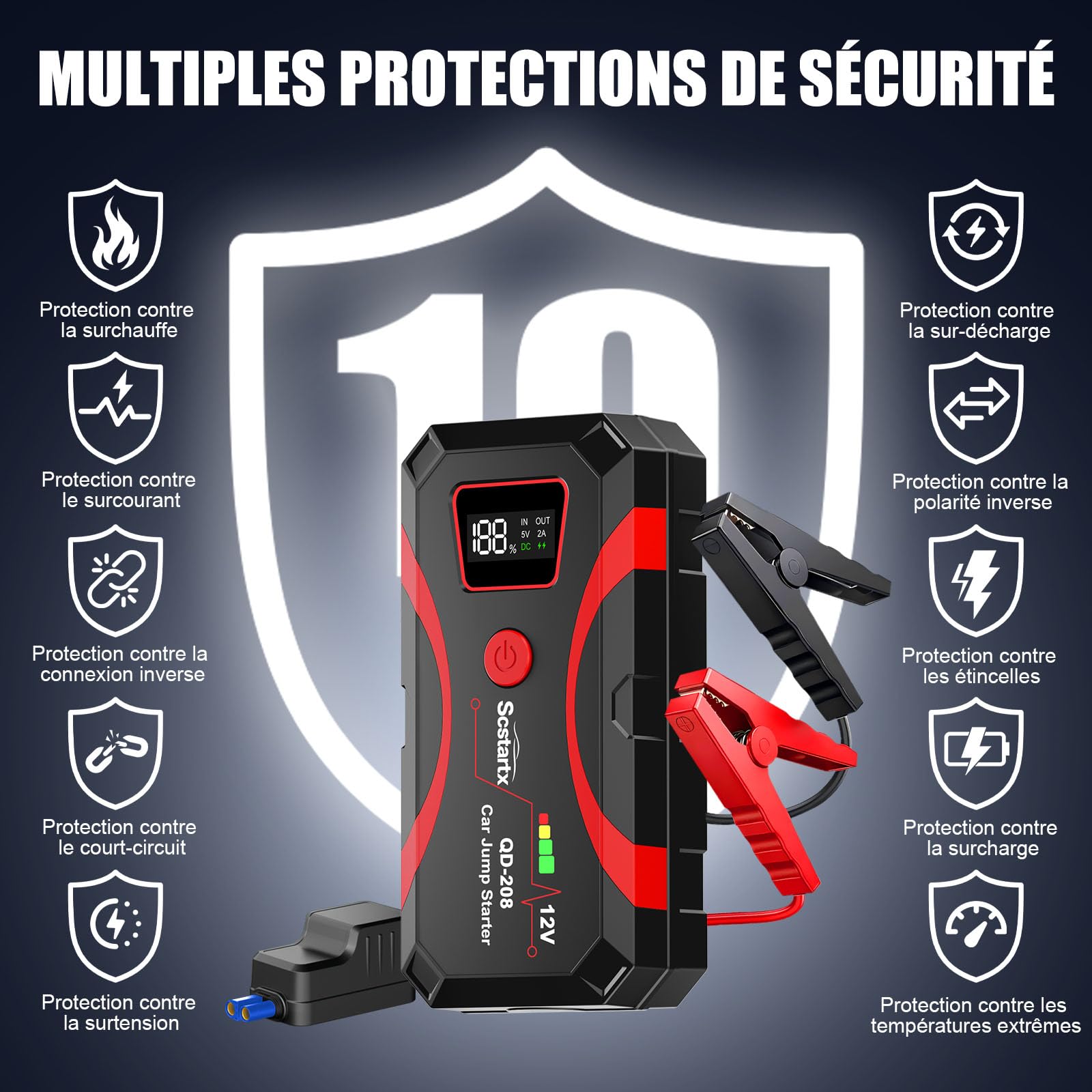 Démarreur de Saut de Batterie de Voiture, Batterie de Puissance Portable 2000A Peak Jump Box pour Moto jusqu'à 8L gaz et 6L Diesel 3 Modes Lampe de Poche et Pinces de Saut de sécurité