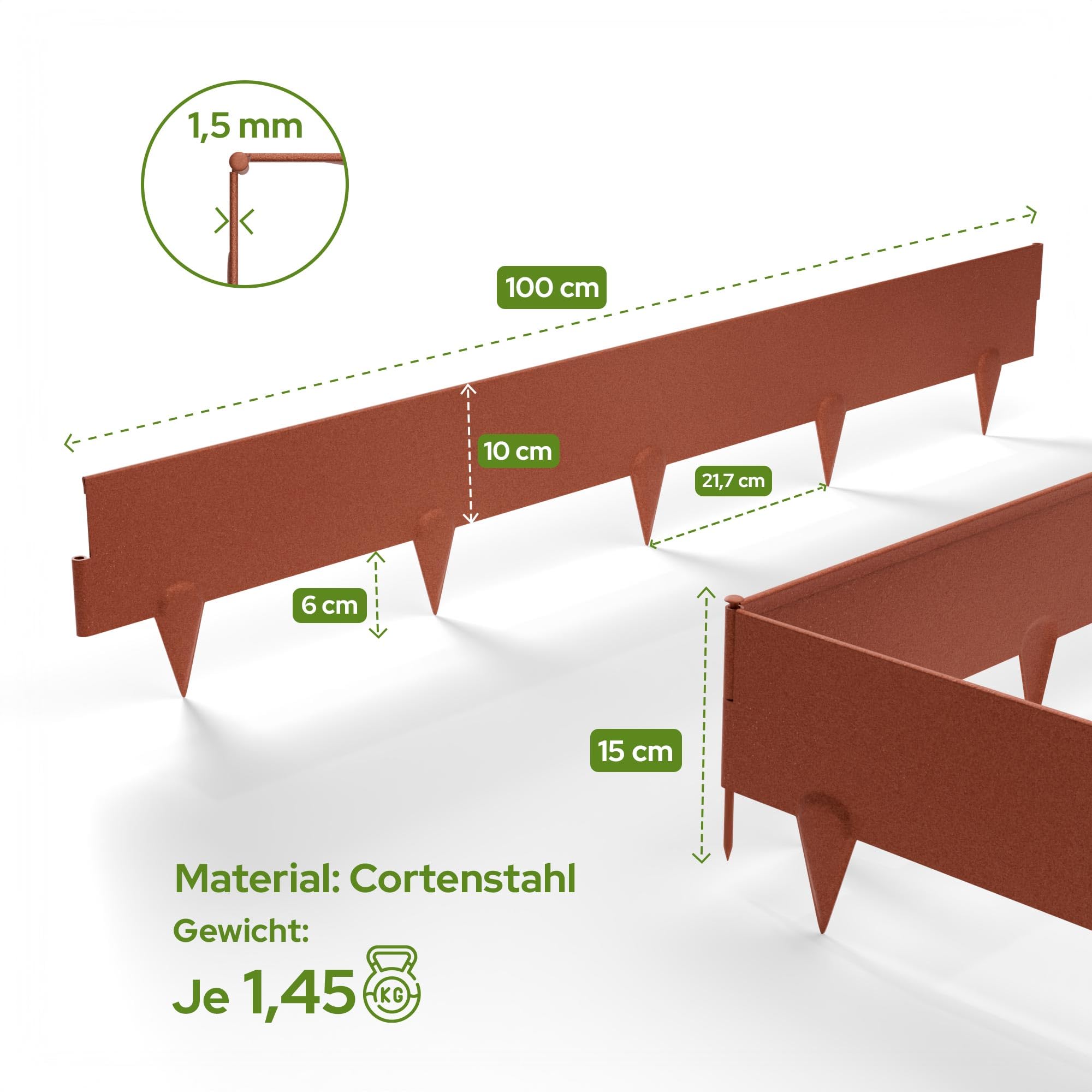 Arebos Cortenstahl Rasenkante 10m Set – Beeteinfassung & Mähkante Metall 10cm hoch, 1,5mm dick | Beetbegrenzung & Rasenbegrenzung Garten | Flexible Rasenkante | wetterfest