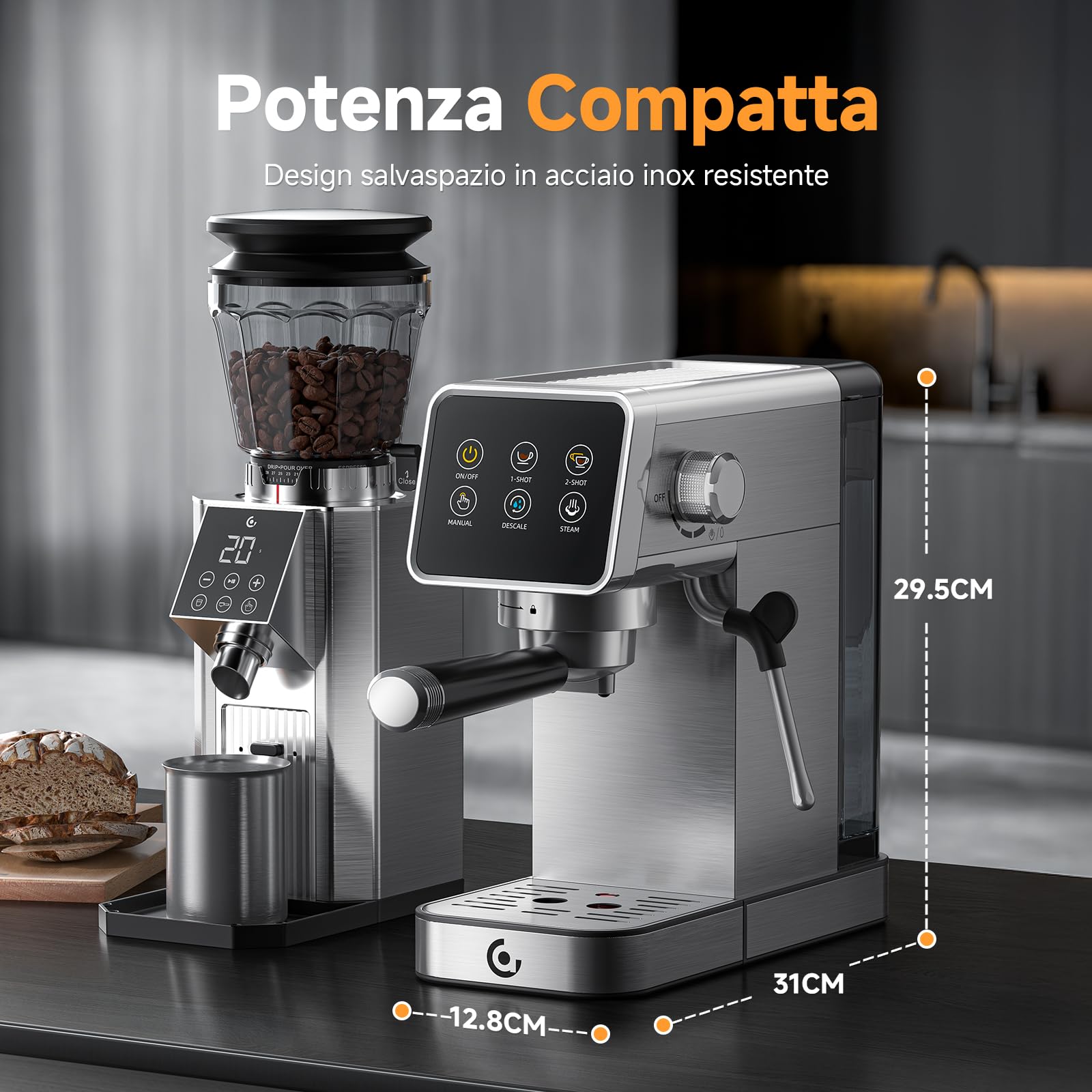 AMZCHEF Macchina Caffè Espresso 20 Bar in Acciaio Inox con Touchscreen LED, Macchina Espresso con Funzione Autopulizia e Lancia Vapore, Compatta per Cappuccino e Latte, Ideale per Casa e Ufficio