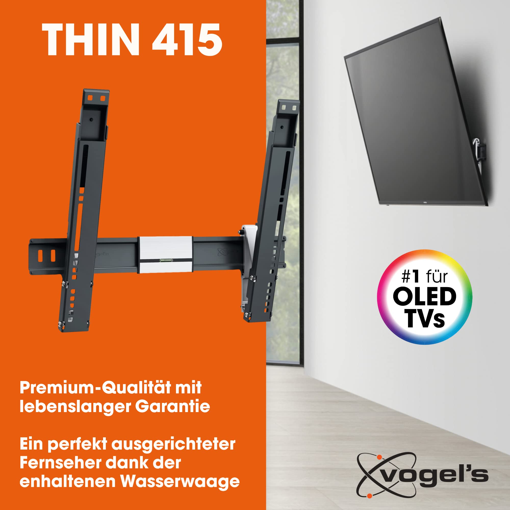 Vogel's Thin 415 neigbare TV-Wandhalterung für 26-55 Zoll (66-140 cm) Fernseher, neigbar, max. 18 kg, max. VESA 400 x 400, ultradünne TV Halterung, TÜV-Zertifiziert, Black, 26-55"