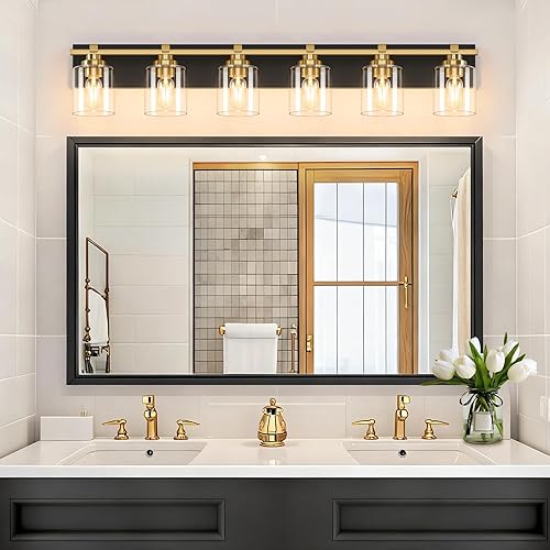 Miniatura 50 de 3 lámparas modernas de baño sobre el espejo, luces de tocador de oro negro para apliques de pared de baño con pantallas de vidrio blanco lechoso
