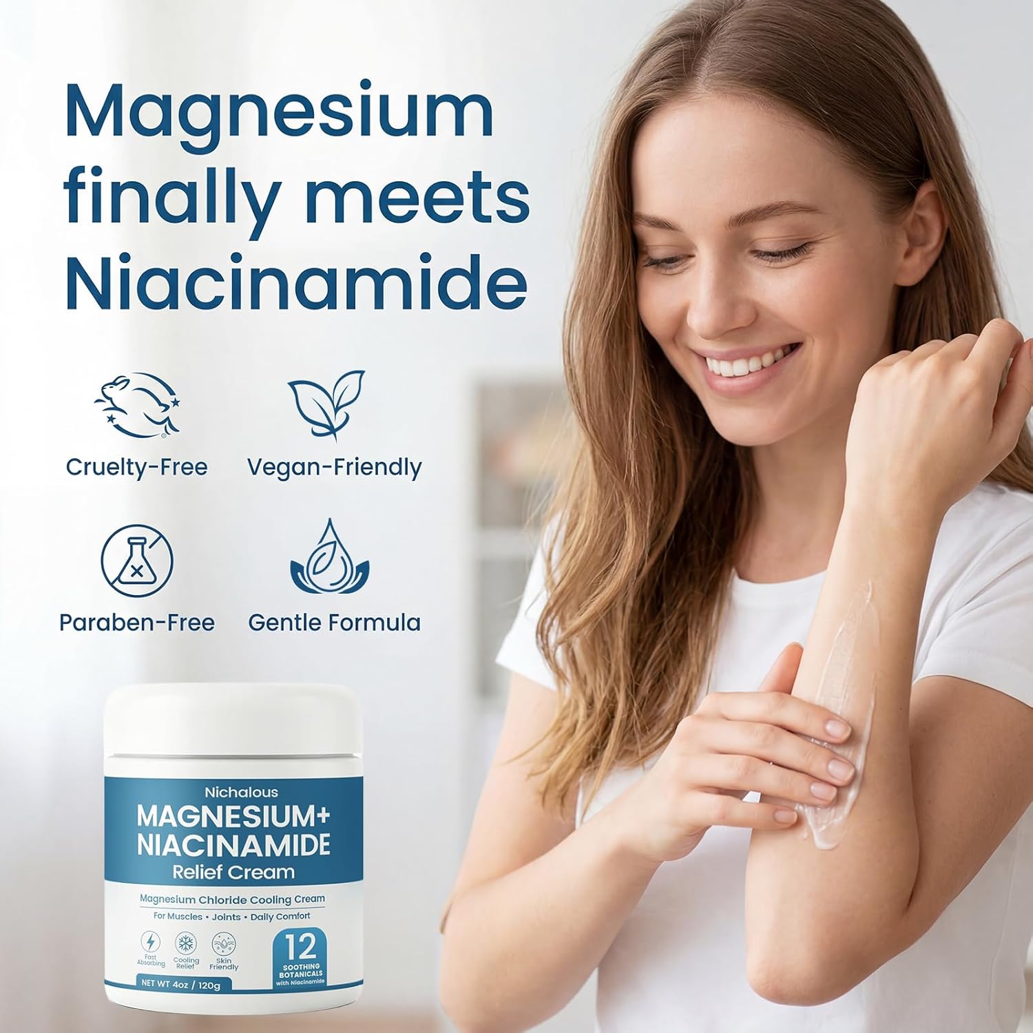 Magnesium Niacinamide Relief Cream - Topical Magnesium Chloride Cream for Joints, Legs & Feet with Arnica & Boswellia - Lightweight, Non-Greasy Formula - 4 oz(1 Pack)