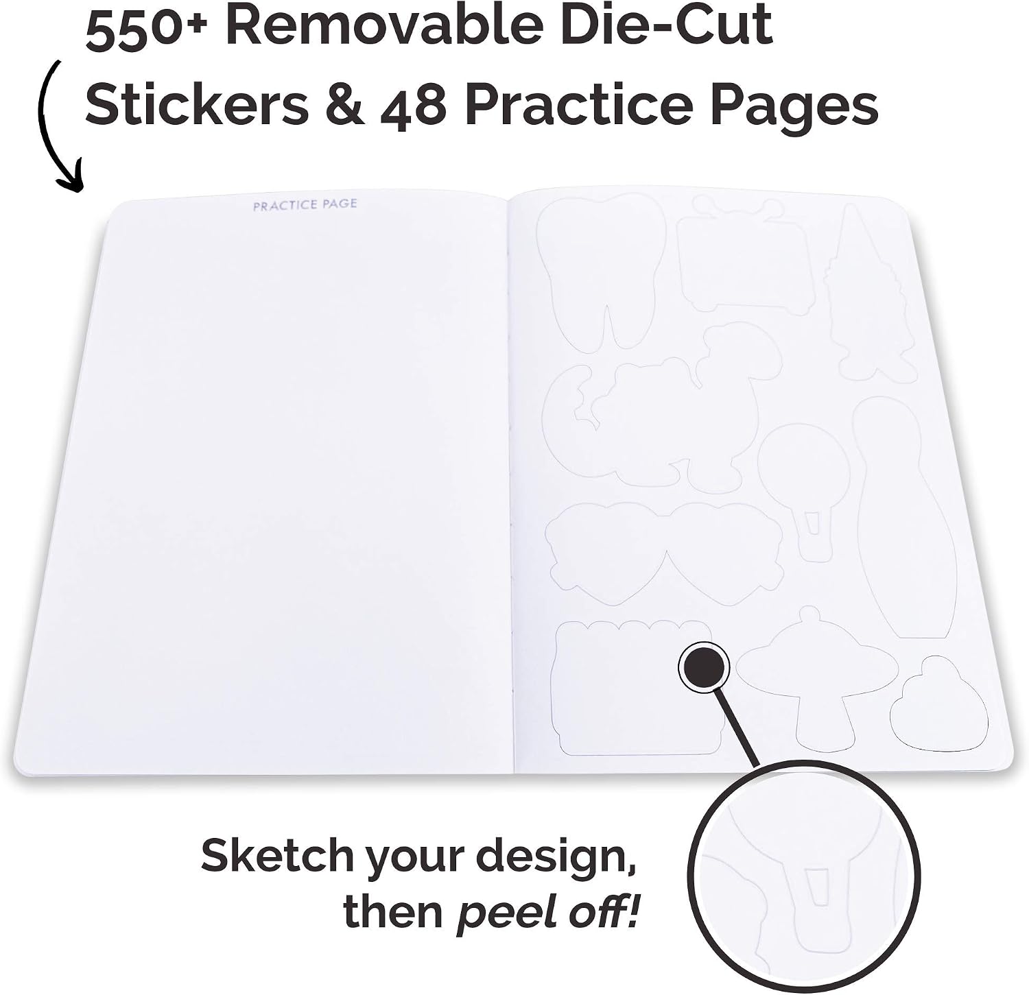 Piccadilly Sketch Your Sticker | Guided Artistic Sketchbook with Removeable Die-Cut Stickers | 550+ Sticker Outlines | 100 Pages (9781620098561), white