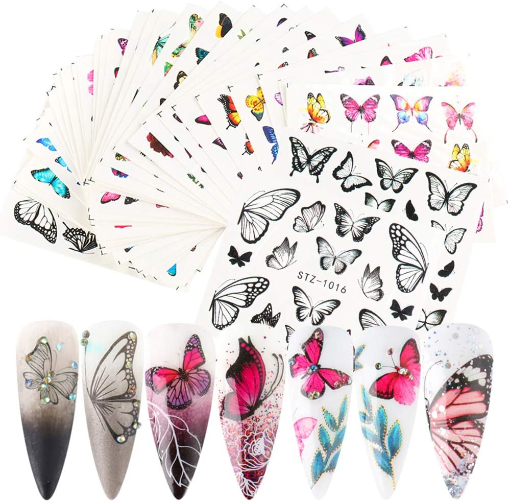 Butterfly Nail Art Stickers Decal Nail Art Accessories Water Transfer Butterfly Nail Decals Colorful Butterflies Designs for Nails Acrylic Decoration Manicure Tips Nail Art DIY (30 Sheets)