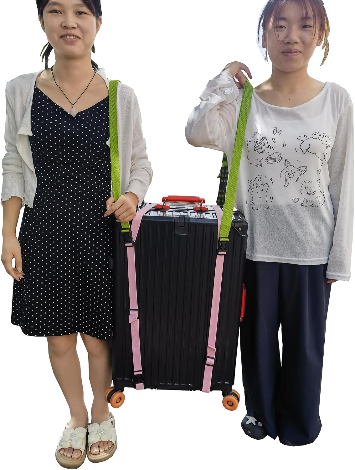 Luggage Straps Suitcase Belts Wide Adjustable Packing Straps, Heavy Duty Strap, 2 PCS 77" Rose, 2 PCS 56" Green. Carry on Both Shoulders,2 People by Hand or Shoulder,Moving Box Straps.