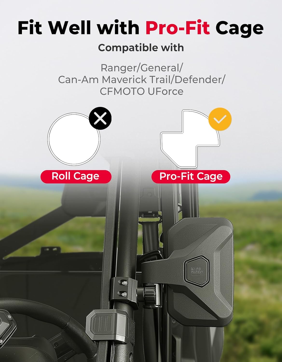 KEMIMOTO UTV Side Mirrors, 2026 New Spring Back Feature Pro-Fit Mirrors, No Need to Adjust After Fold, Compatible with Polaris Ranger, General, Can-Am Defender, Maverick, Trail, CFMOTO UFORCE