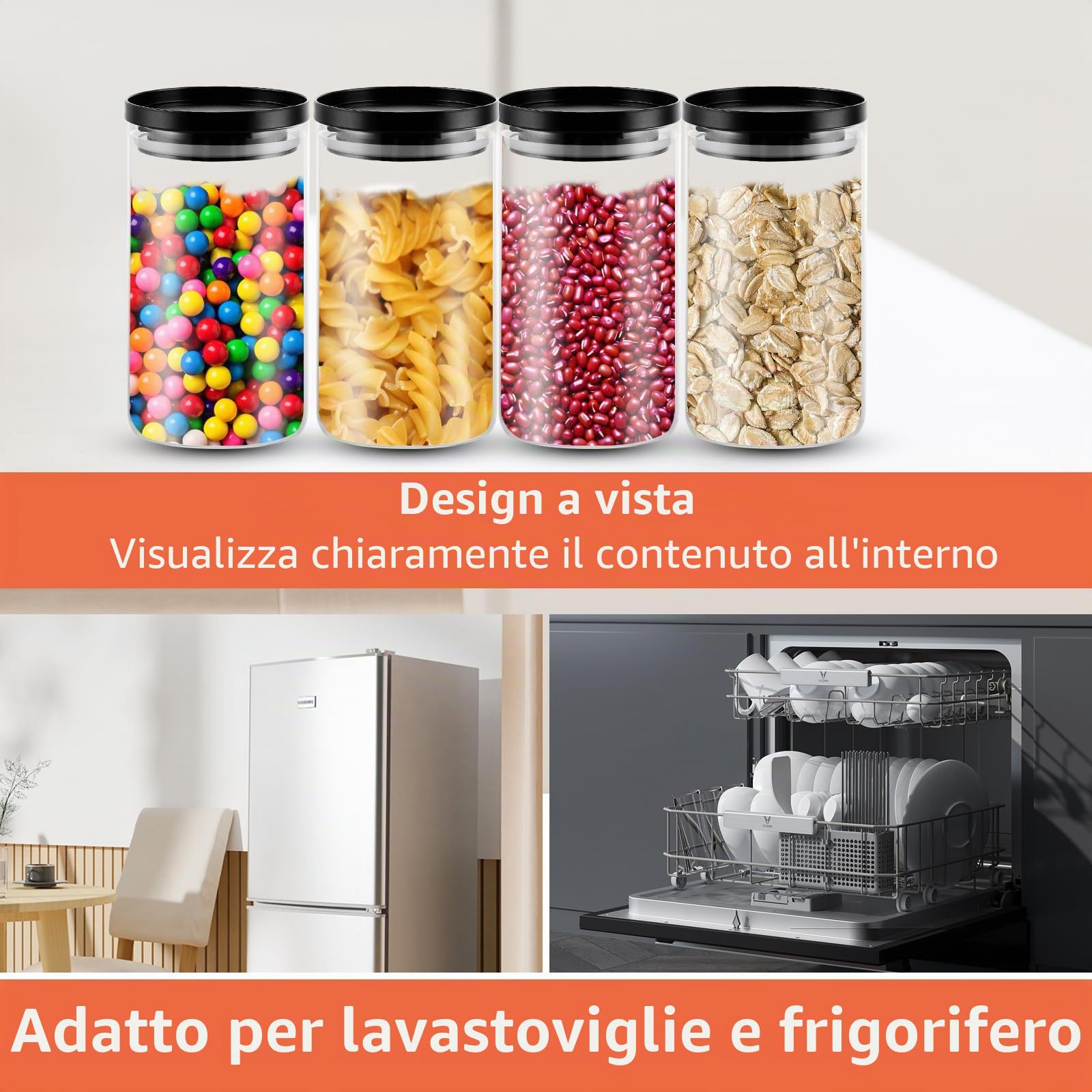 YAYODS 4 barattoli in vetro con coperchio, 1,2 l, con coperchio, ermetici, piccoli, con coperchio, colore nero, per chicchi di caffè, spaghetti, farina, zucchero