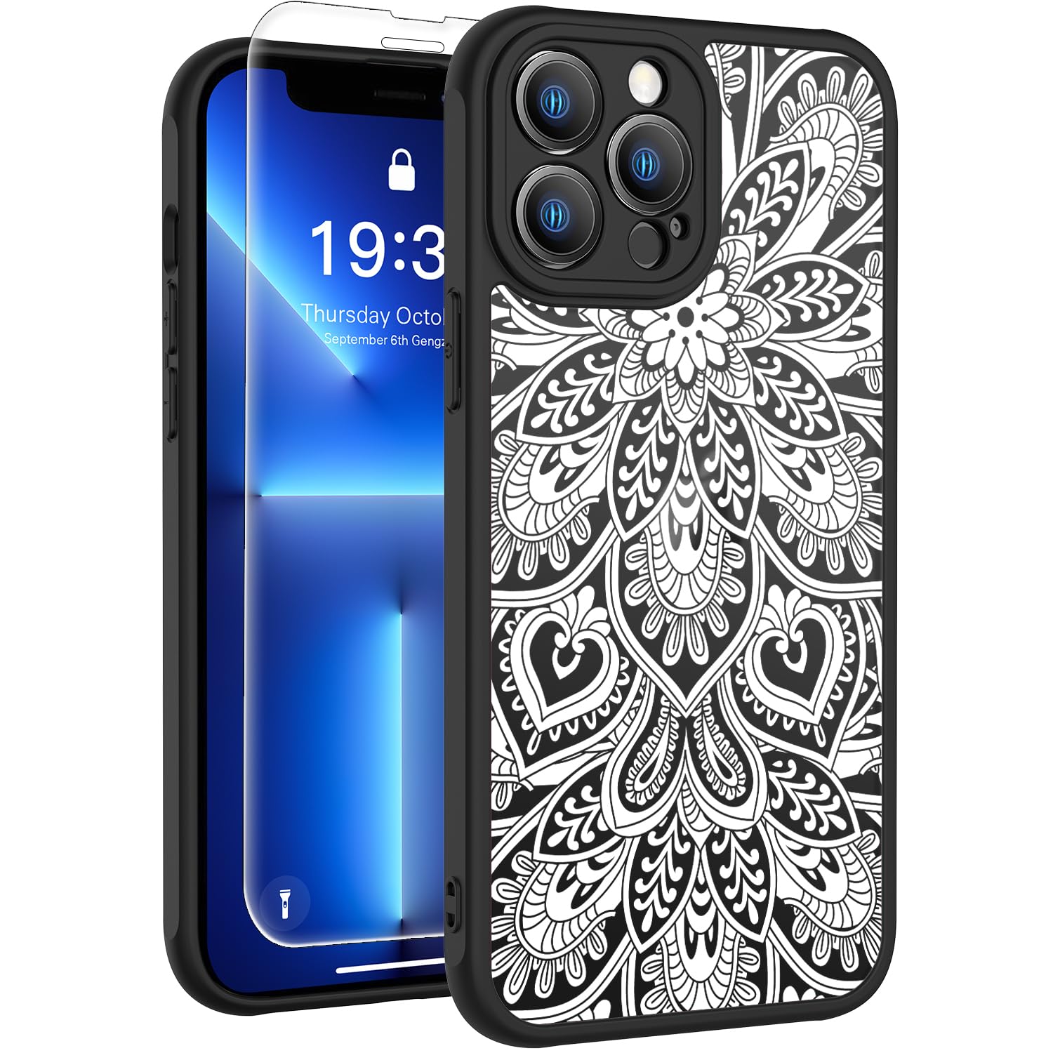 LUMARKE for iPhone 11 Pro Max Case with Enhanced Camera Lens Protection and Screen Protector, Translucent Matte Acrylic Phone Cover - Cute Aesthetic Floral Design for Women Girls - White Mandala