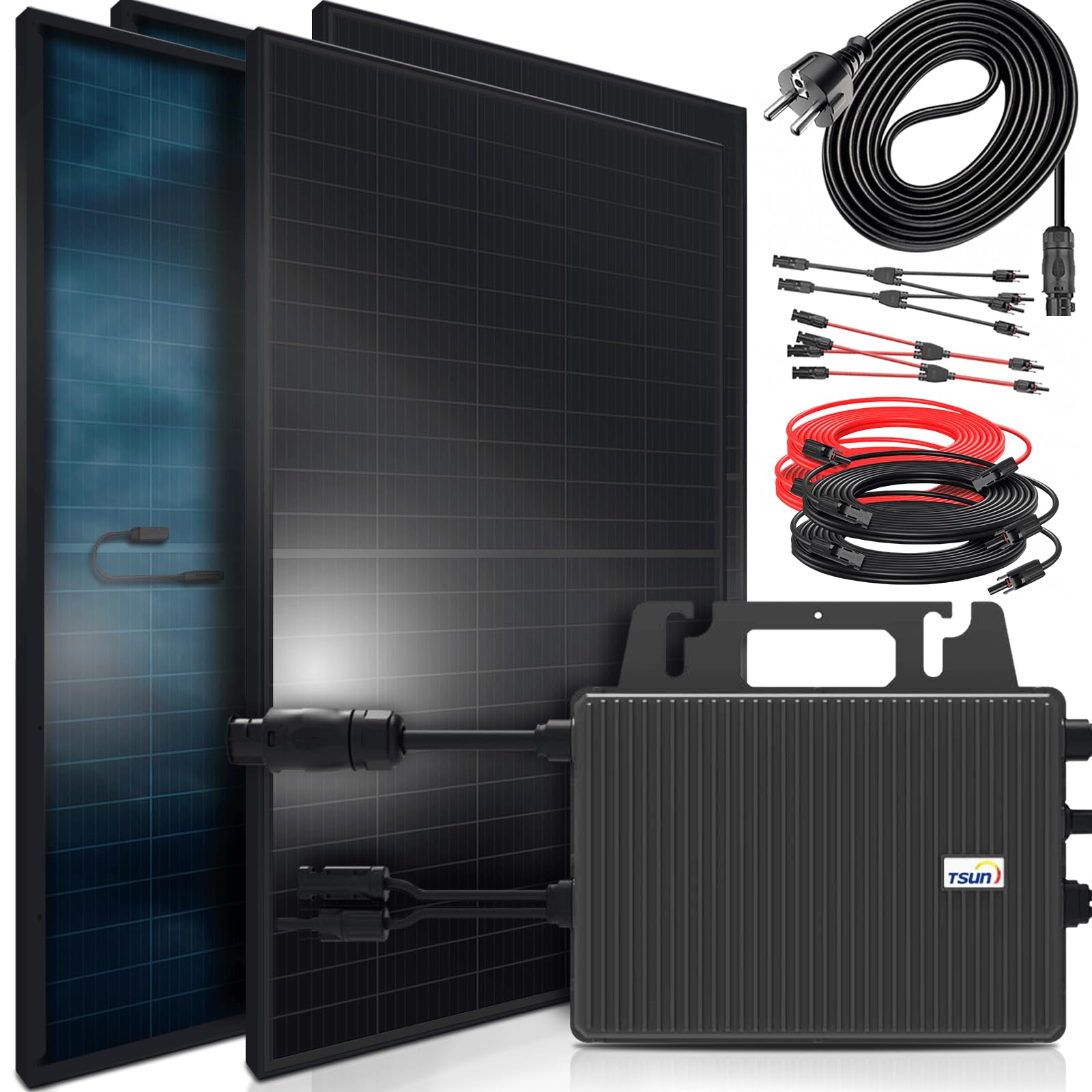 SUNNIVA® 1840W Balkonkraftwerk BIFAZIAL FULLBLACK komplett Steckdose TSUN 800W Wechselrichter, PV Solaranlage, 4x 460W Glas-Glas Solarmodule, inkl. 5m Kabel, Bluetooth WIFI, Komplettset
