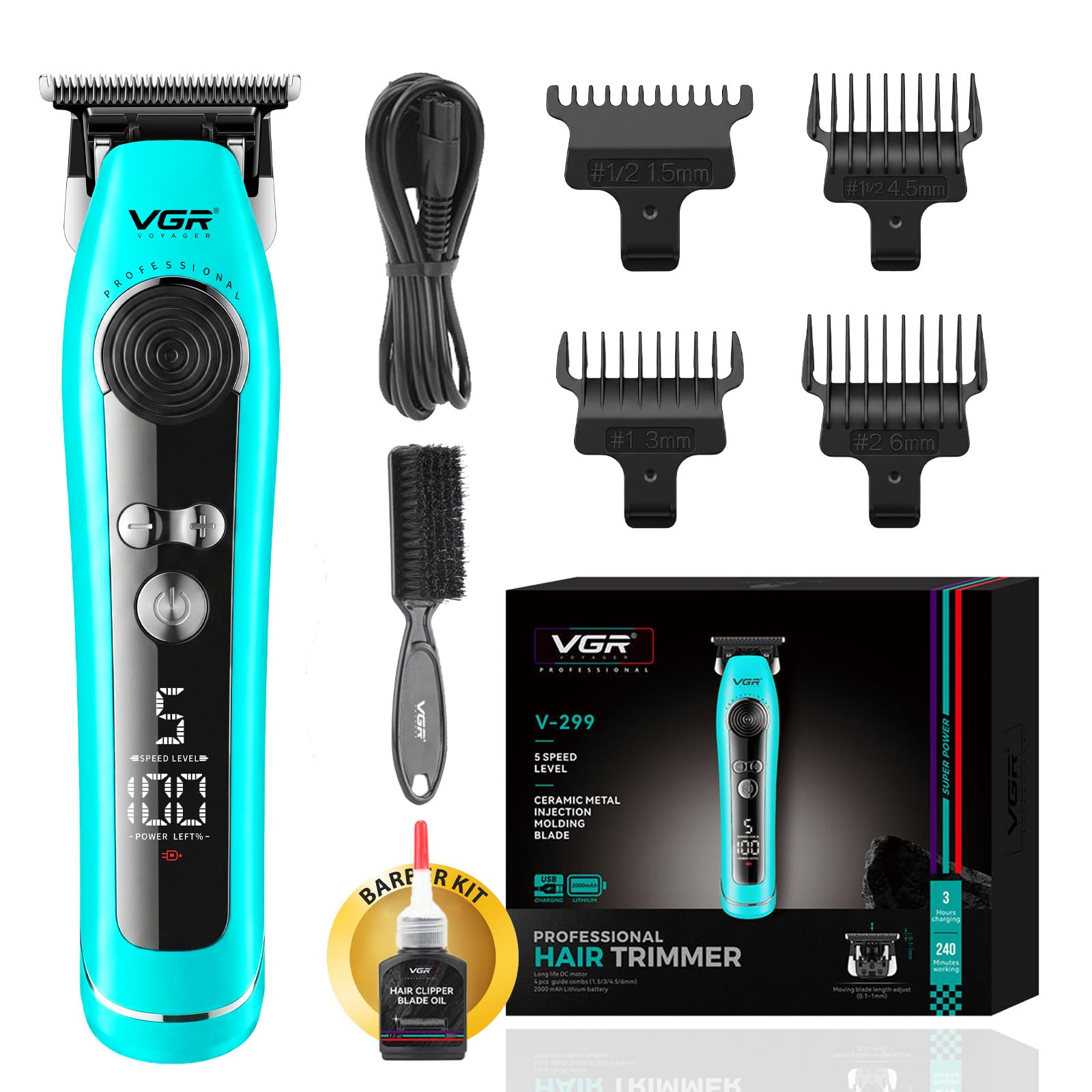 VGR 299 Konturen Haarschneidemaschine Profi, Trimmer Herren mit LED-Display | Kabelloses Haartrimmer Herren Mit Keramik-T-Klinge, 4 FüHrungskamm, 7000 U/Min Motor, 5 Geschwindigkeitsregler