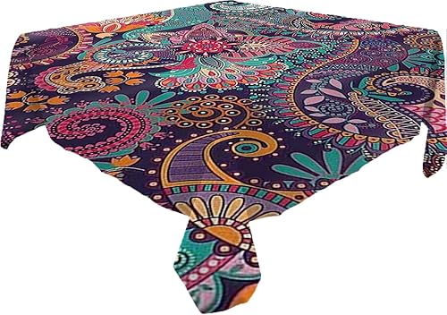 Miniatura 2 de Mantel cuadrado bohemio con mandalas, estampado floral morado con estampado de cachemira, colorido, adecuado para restaurante, picnic, comedor en