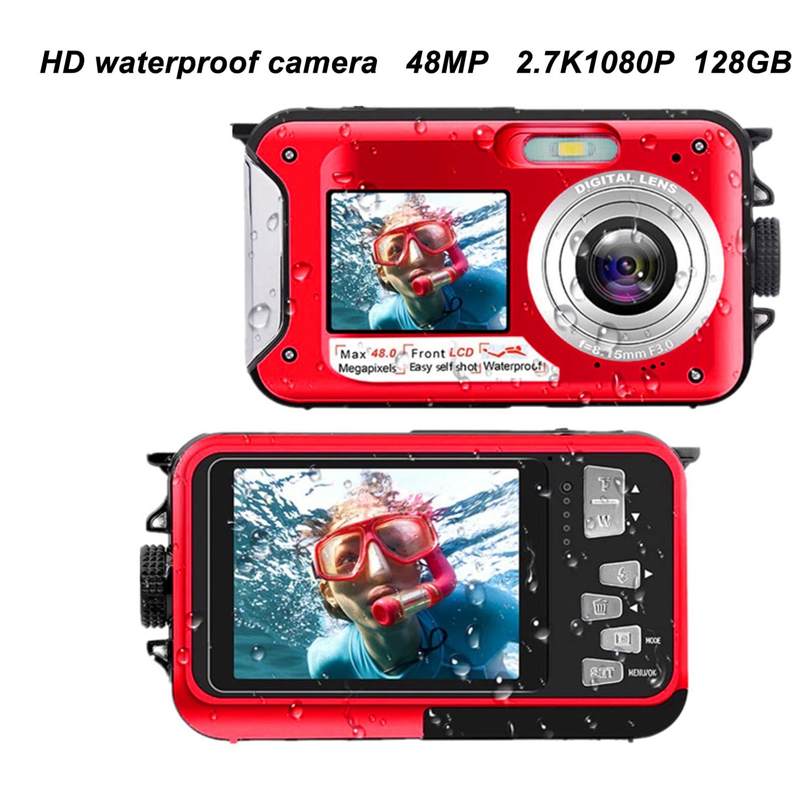 Appareil Photo Numérique 2.7K 48MP étanche 10ft sous-Marin avec Zoom 16X, Double écrans Avant Arrière (Rouge)