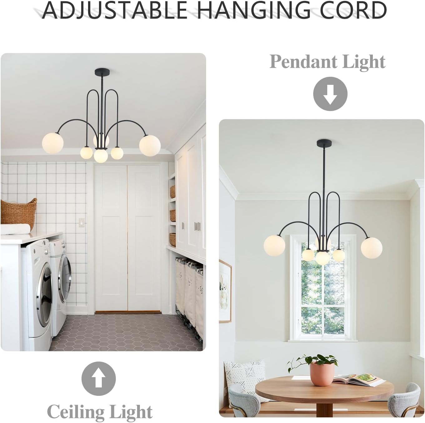 Mid Century Modern Chandelier 6-Light Milk Glass Chandelier Black Sputnik Chandelier Light Fixture Frosted White Globe Chandelier Nordic Chandeliers for Dining Room Living Room