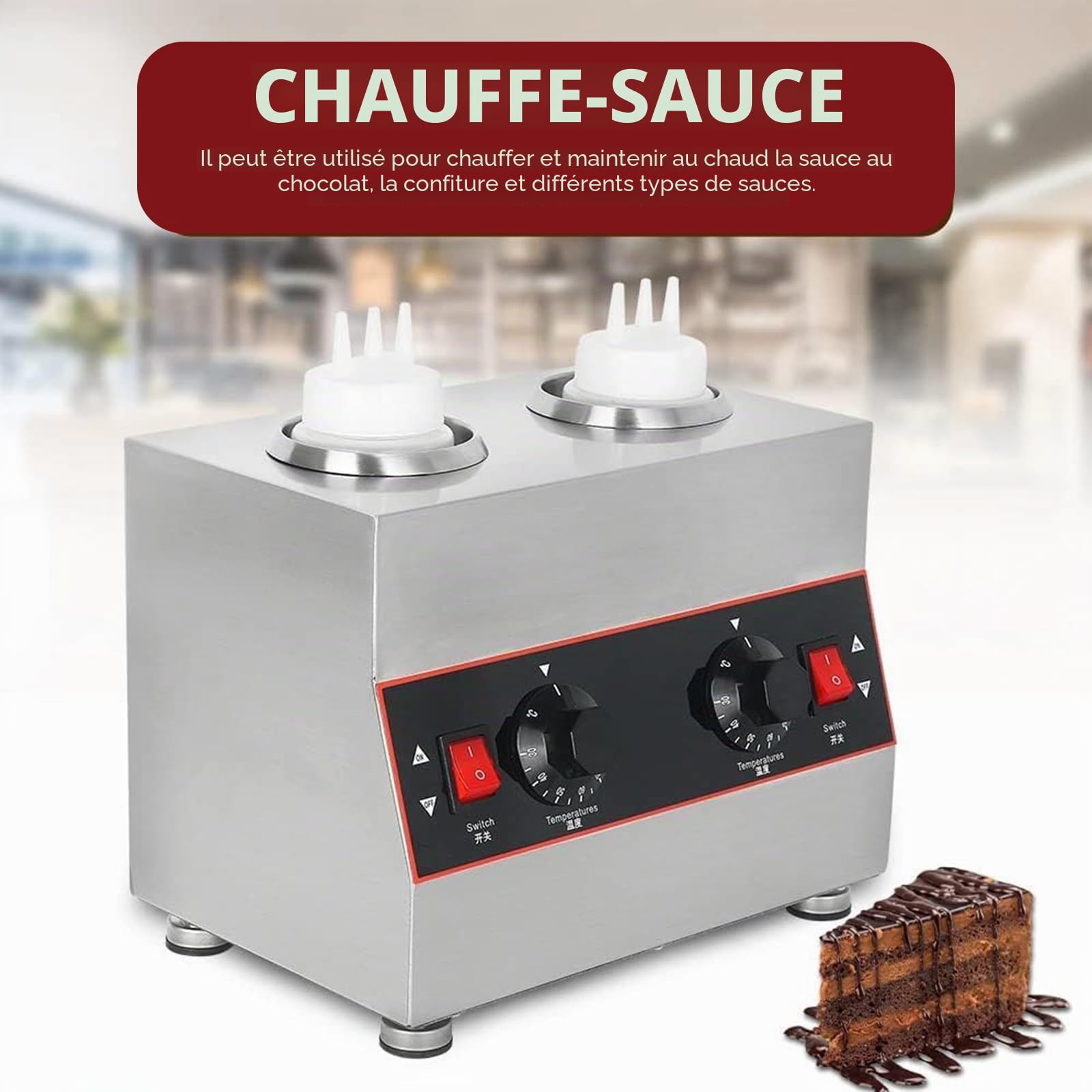 Chauffe-sauce électrique commercial avec 2 bouteilles à presser de 650 ml, distributeur de sauce électrique commercial, à température contrôlée, pour réchauffer le chocolat, le beurre et la confiture