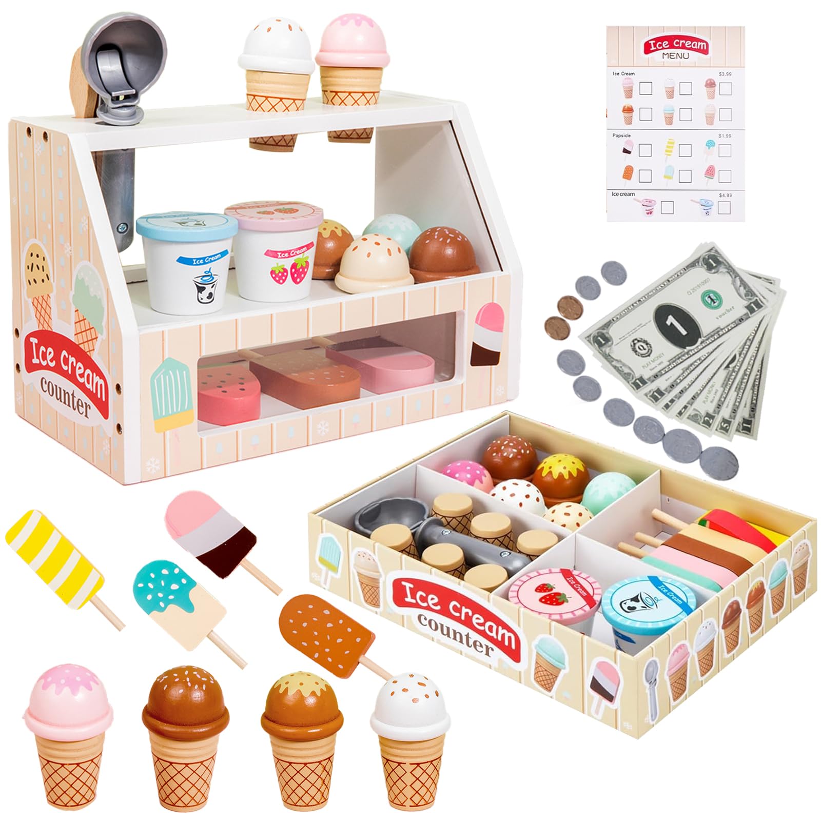 Wooden Ice Cream Toys for Kids Toddler,Ice Cream Counter Shop Pretend Play Toy Food Kitchen Accessories,Play Food Scoop and Serve, Play Kitchen Sets
