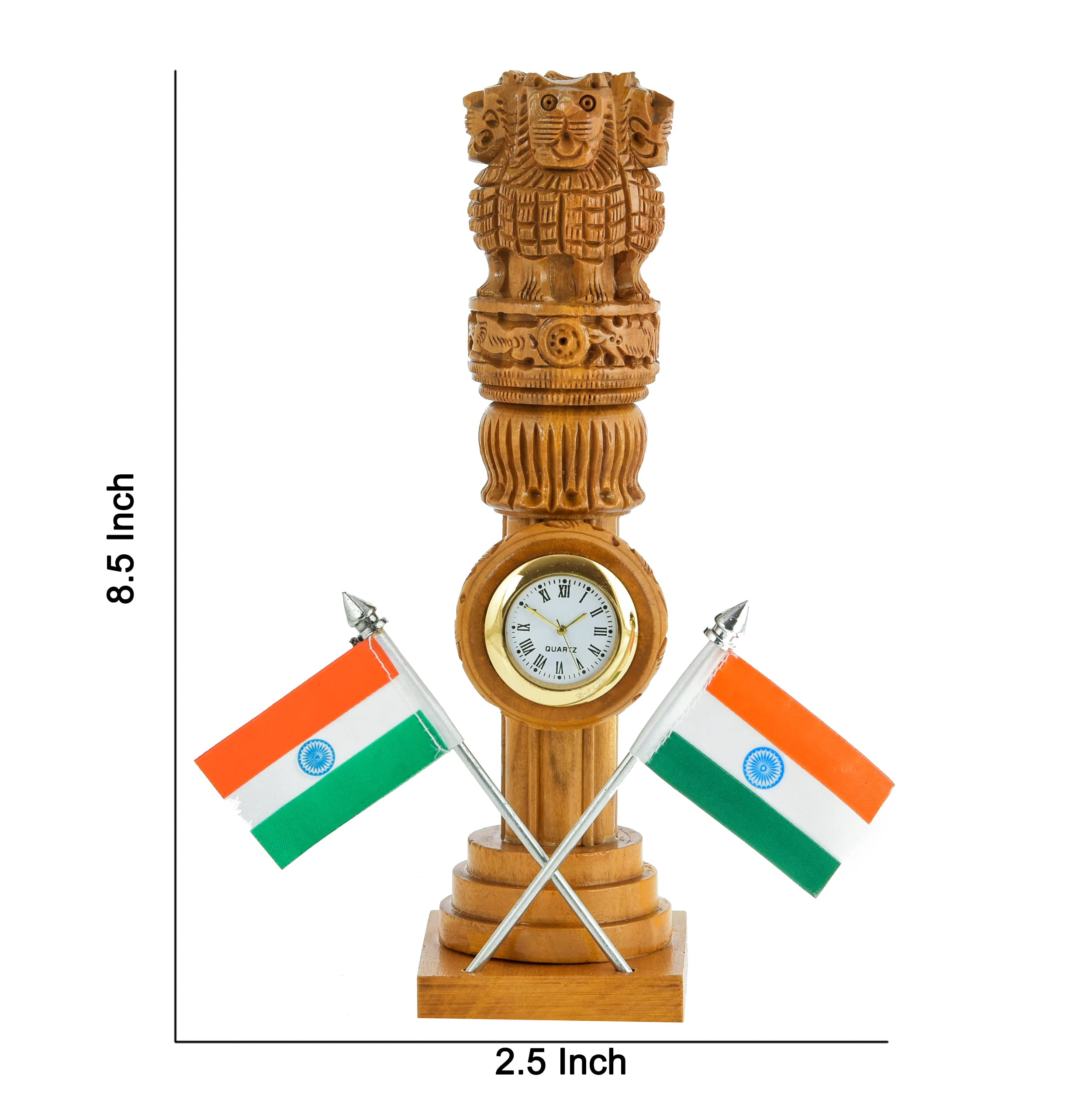 Kaka jiji Handicraft Wooden Carved Ashoka Stambh Pillar With 2 Flags & Analog Clock For Office And Study Table Ii Brown Color Pack Of 1 (2.4Wx2.4Lx8.5H Inches) 3