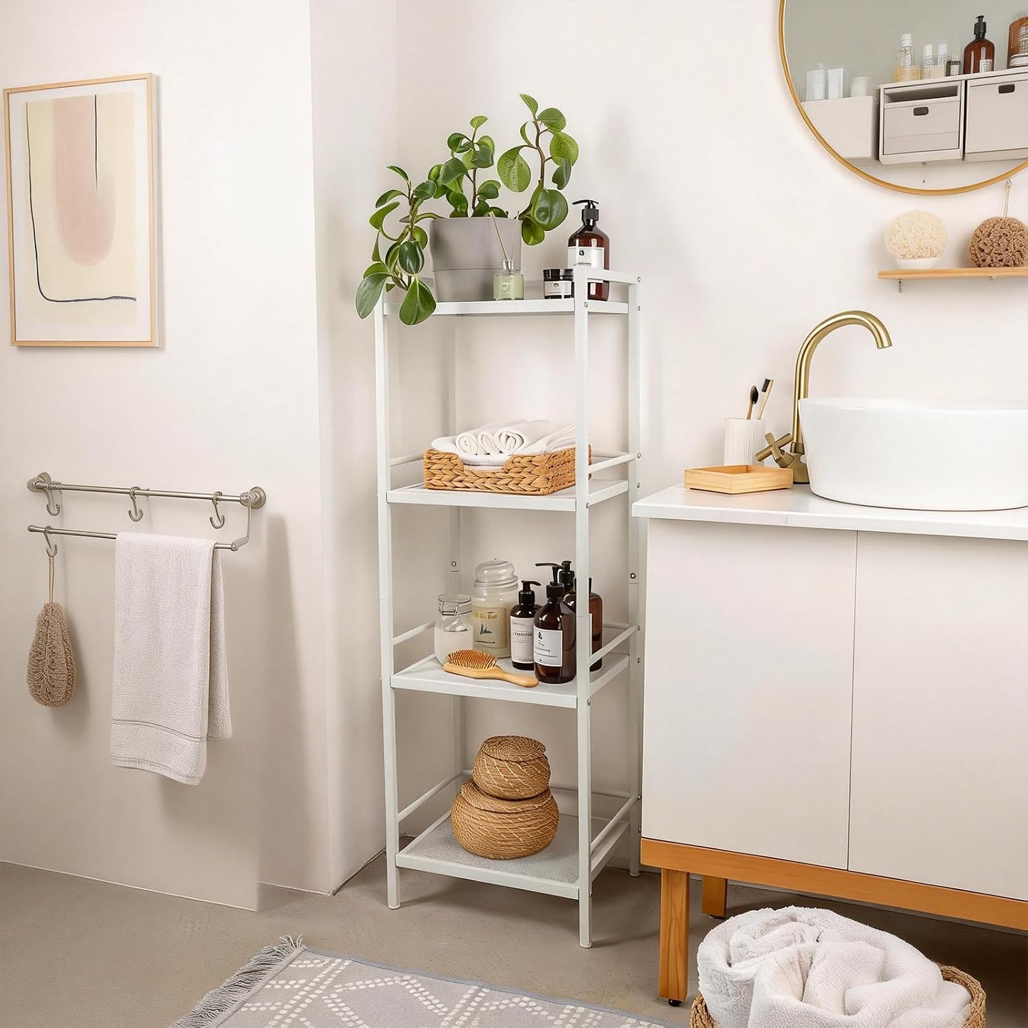 Takywep 4 Tier Shelf Stand, Narrow Shelf Unit for Small Spaces, Bathroom Rack Organizer, for Laundry, Metal Storage Shelf Bathroom, Kitchen Organization, White