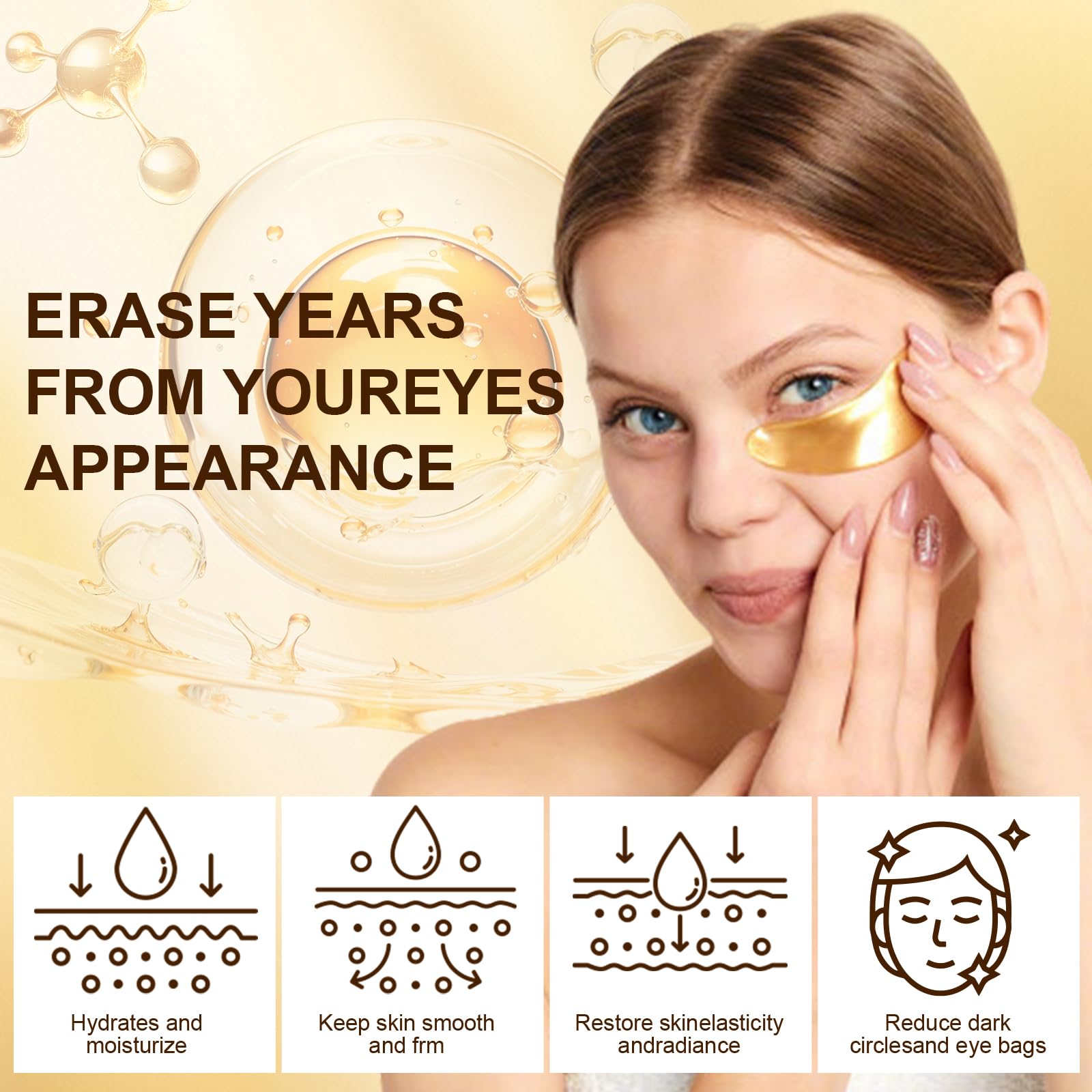 24K Gold Masque Pour Les Yeux 60 Patch,Patch Anti Cernes Yeux, Hydratant, Soulager la Fatigue, Réduit Yeux Poches, Patchs pour Les Soins des Yeux, pour Femmes/Homme