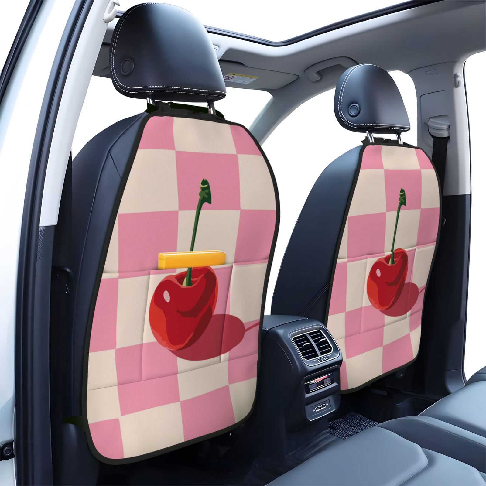 Minimalist Cherry On Pink White Checker Board Car Seat Back Kick Protectors,2 Pack Kick Mats with Storage Pockets for Vehicles to Protect from Dirt Mud Scratches