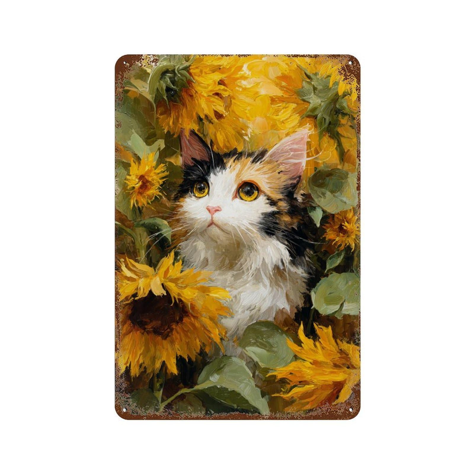 Sunflower Cat Garden 11.8"x7.9" Vintage Rust Metal Sign, Shabby Chic Decor for Garage, Bar And Workshop Decor