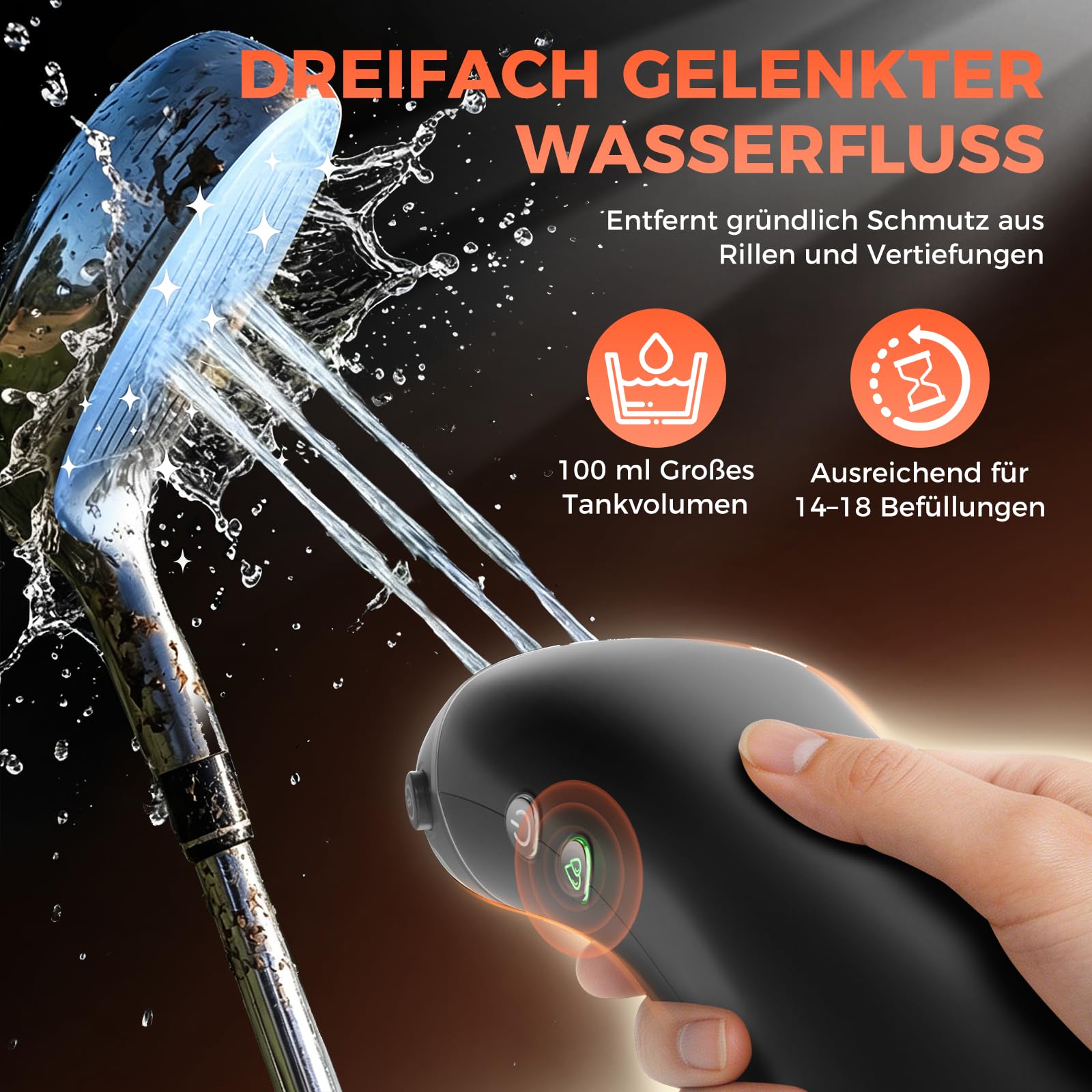 Elektrische Golf Bürste mit Wassertank, 360°Auto‑Rotation Golfschläger Bürste, 100ml Tank, 2000 mAh USB-C Schnellladung, 2 Precision Brush& 2 Stufen, Transporttasche, Golf Geschenk