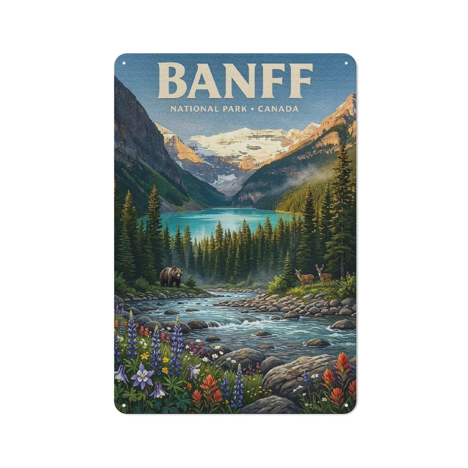 Decorative Tin Plaque with Banff National Park Canada Landscape Art(2) Design 30x20cm, Nostalgic Home Bar Decor for Bar, Kitchen, Garage Or Games Room