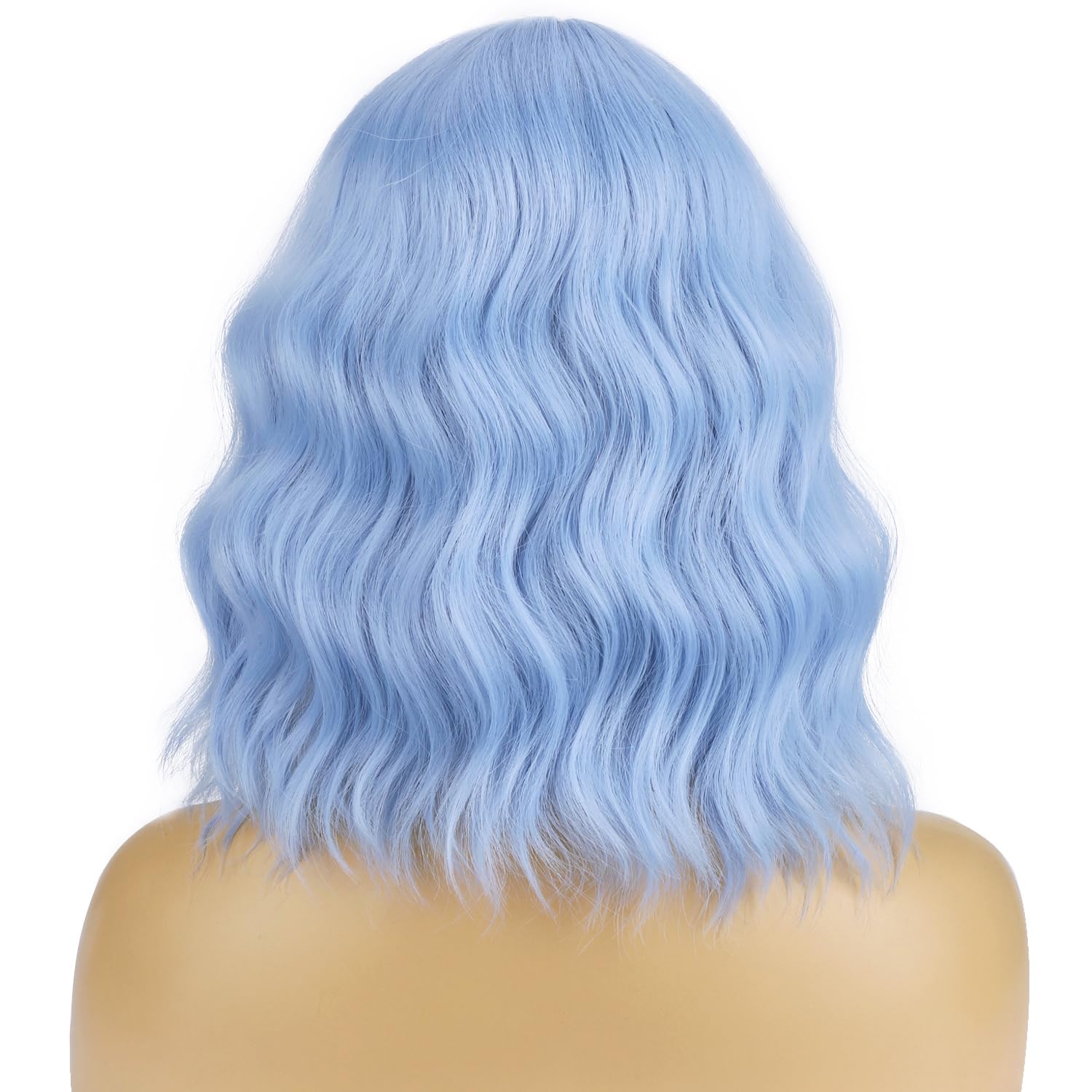 BERON 14 Inches Light Blue Wig for Women Short Curly Wig Synthetic Blue Wigs with Bangs Lake Blue Wigs with Hairnet