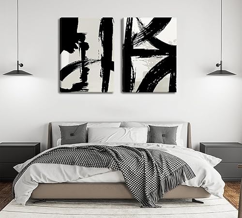 Miniatura 7 de Lienzo de pincelada en blanco y negro, arte de pared, moderno, abstracto, minimalista, línea de tinta, pintura, pintura geométrica de mediados de