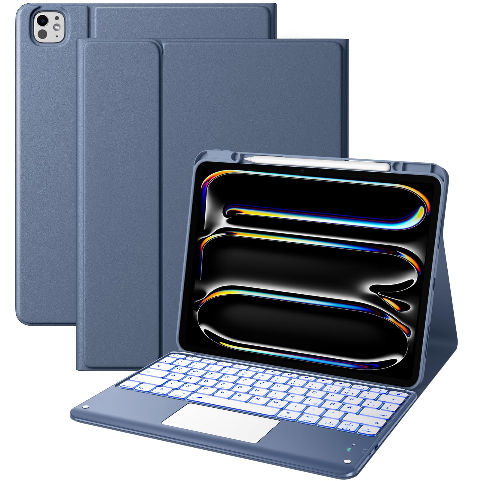 Vobafe Hülle mit Tastatur für iPad Pro 13 Zoll M5/M4 (2025/2024), Multi-Touch Trackpad Hochwertige PU Schutzhülle mit Stifthalter, QWERTZ-Layout iPad Pro 13 Tastatur, 7 Farben Beleuchtung, Blaugrau
