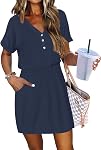 WNEEDU Robe d'été pour femmes 2026 Pantalon casual à manches courtes Sundress V Cou Tie Button Beach Swing robes avec poches